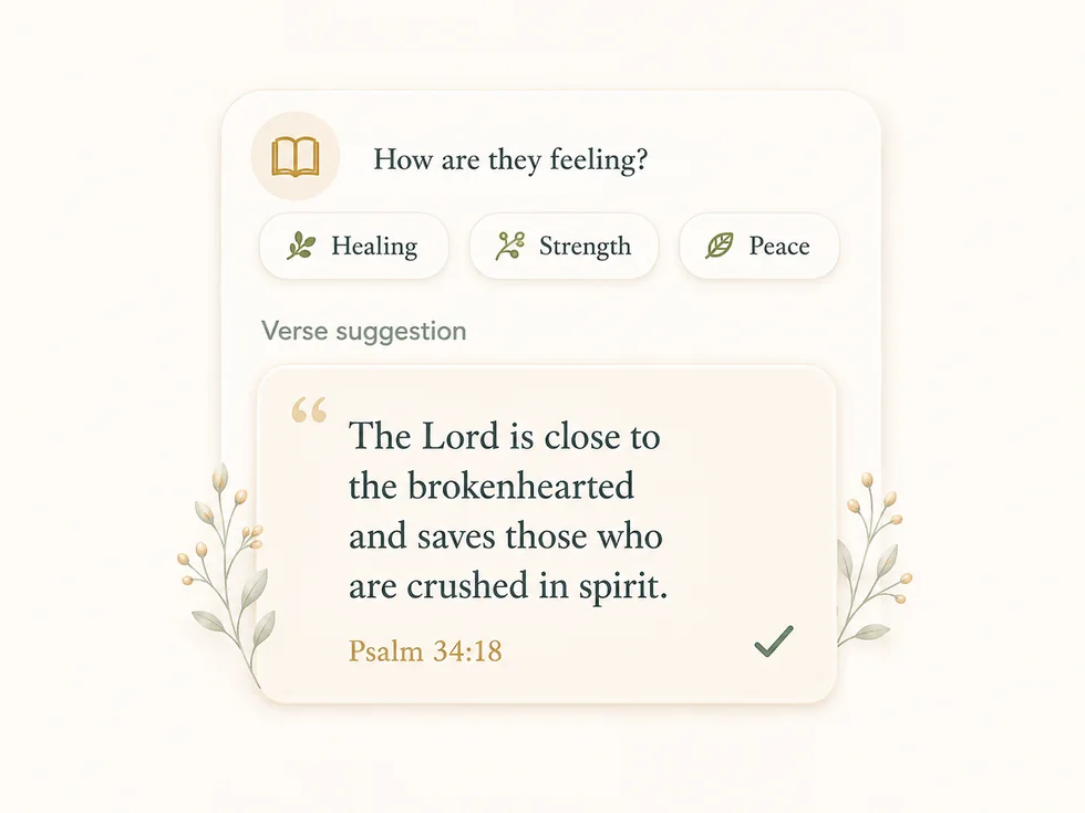 Choosing a feeling, then a matching Scripture verse appears as a suggestion.